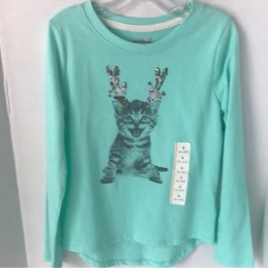 NWT Cat & Jack mint green long sleeve girl’s cat tee size S(6/6X), flip sequins.